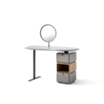 Modern Grey Vanity Desk with Round Mirror and Stacked Storage