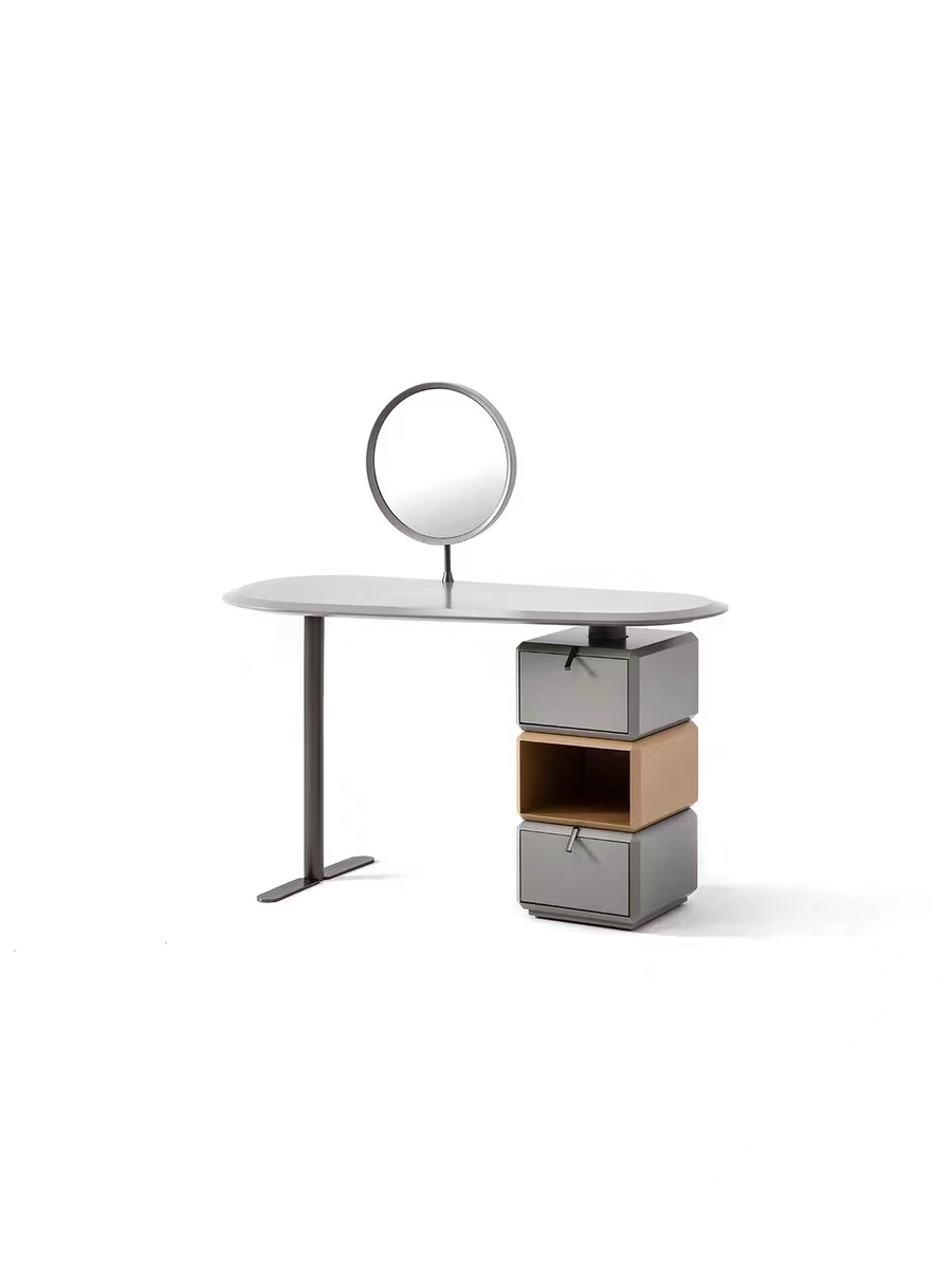 Modern Grey Vanity Desk with Round Mirror and Stacked Storage