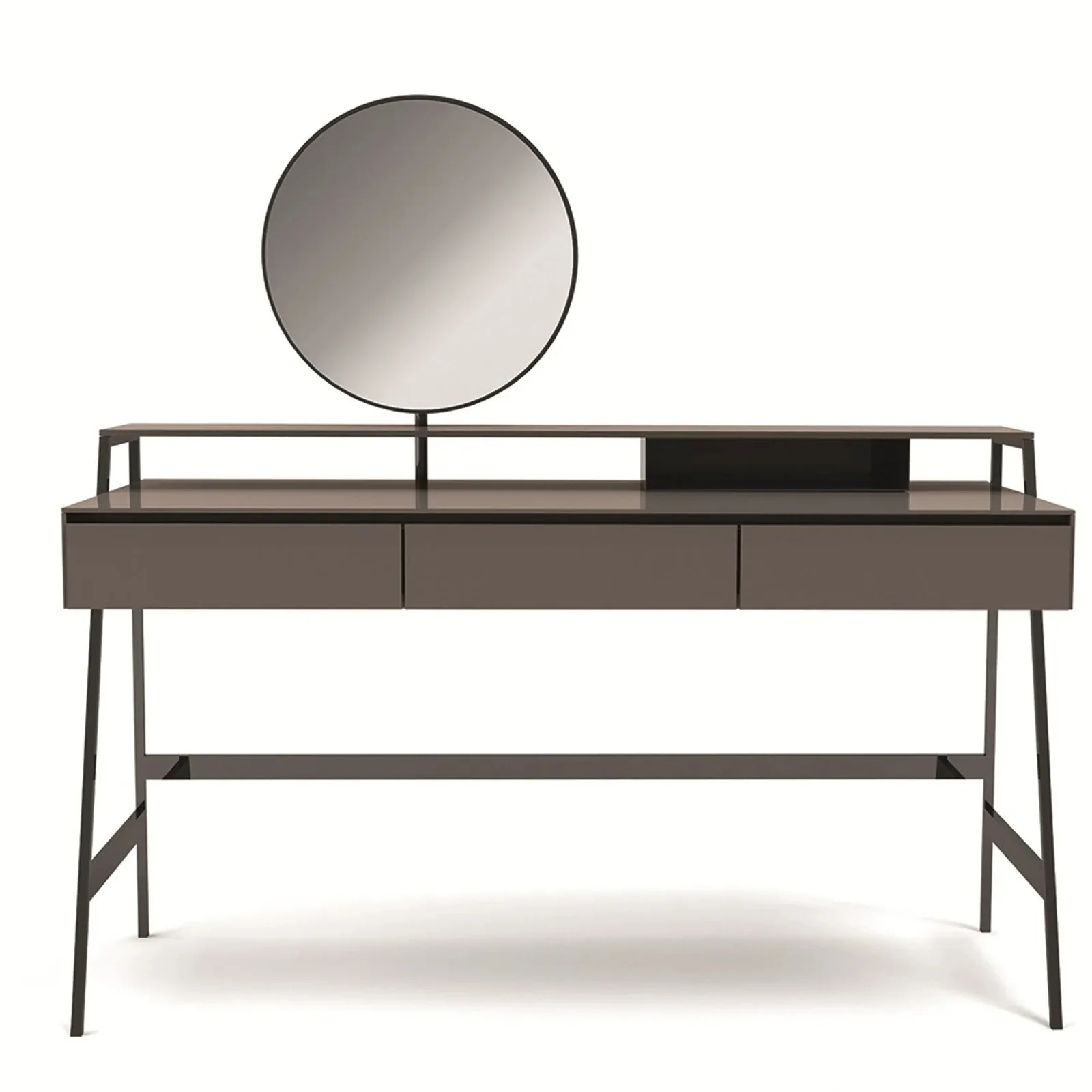 Taupe Minimalist Vanity Table with Round Mirror and Three Drawers