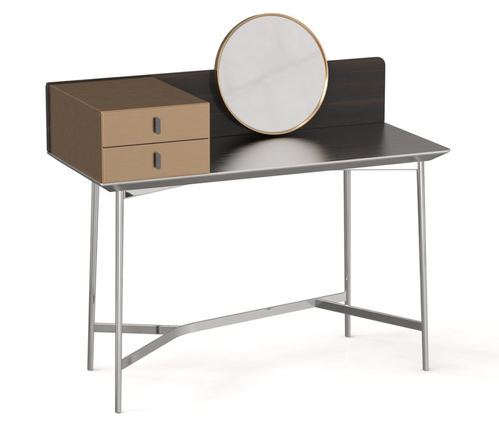 Two-Tone Wood Vanity Desk with Round Gold Trim Mirror and Metal Legs