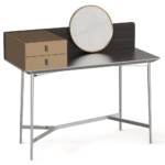 Two-Tone Wood Vanity Desk with Round Gold Trim Mirror and Metal Legs