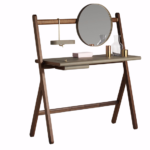 Walnut Wood Folding Vanity Desk with Round Gold Trim Mirror