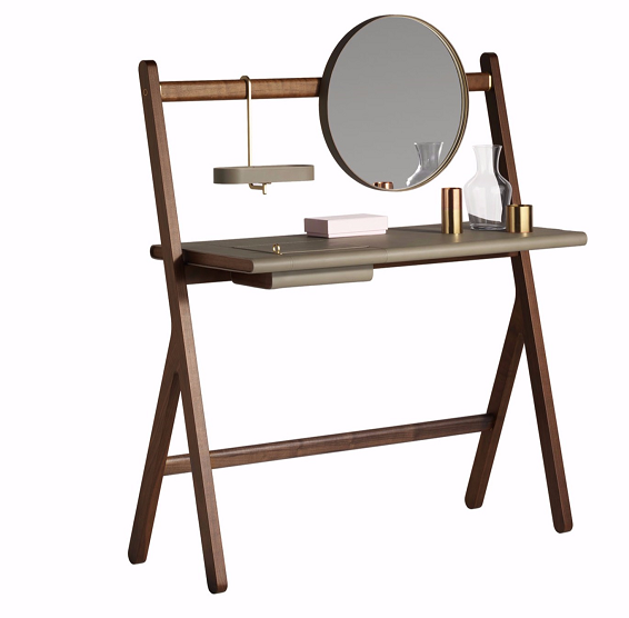 Walnut Wood Folding Vanity Desk with Round Gold Trim Mirror