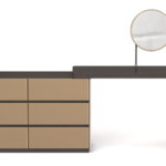 Dark Walnut and Champagne Vanity Set with Six Drawers and Round Mirror