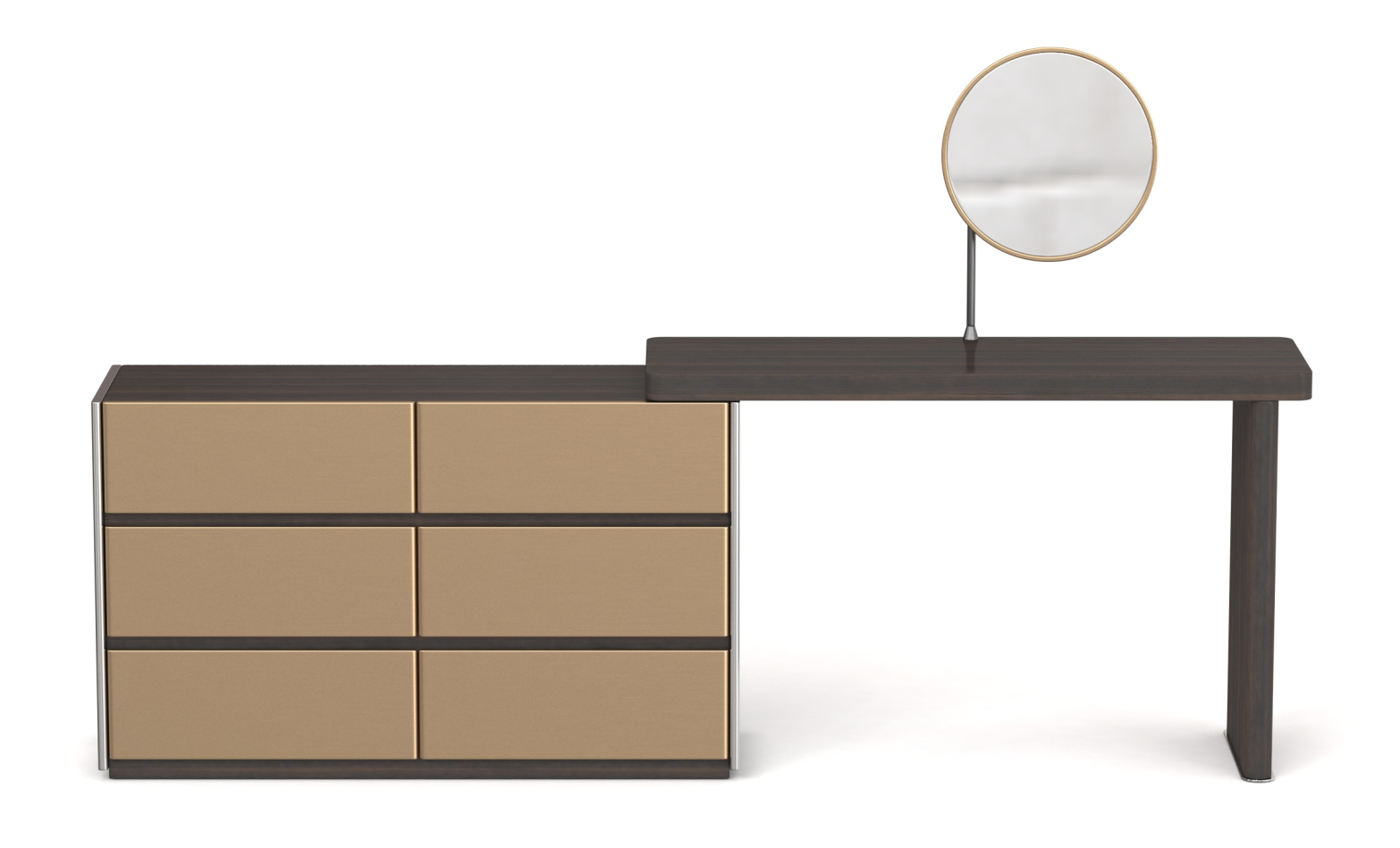 Dark Walnut and Champagne Vanity Set with Six Drawers and Round Mirror