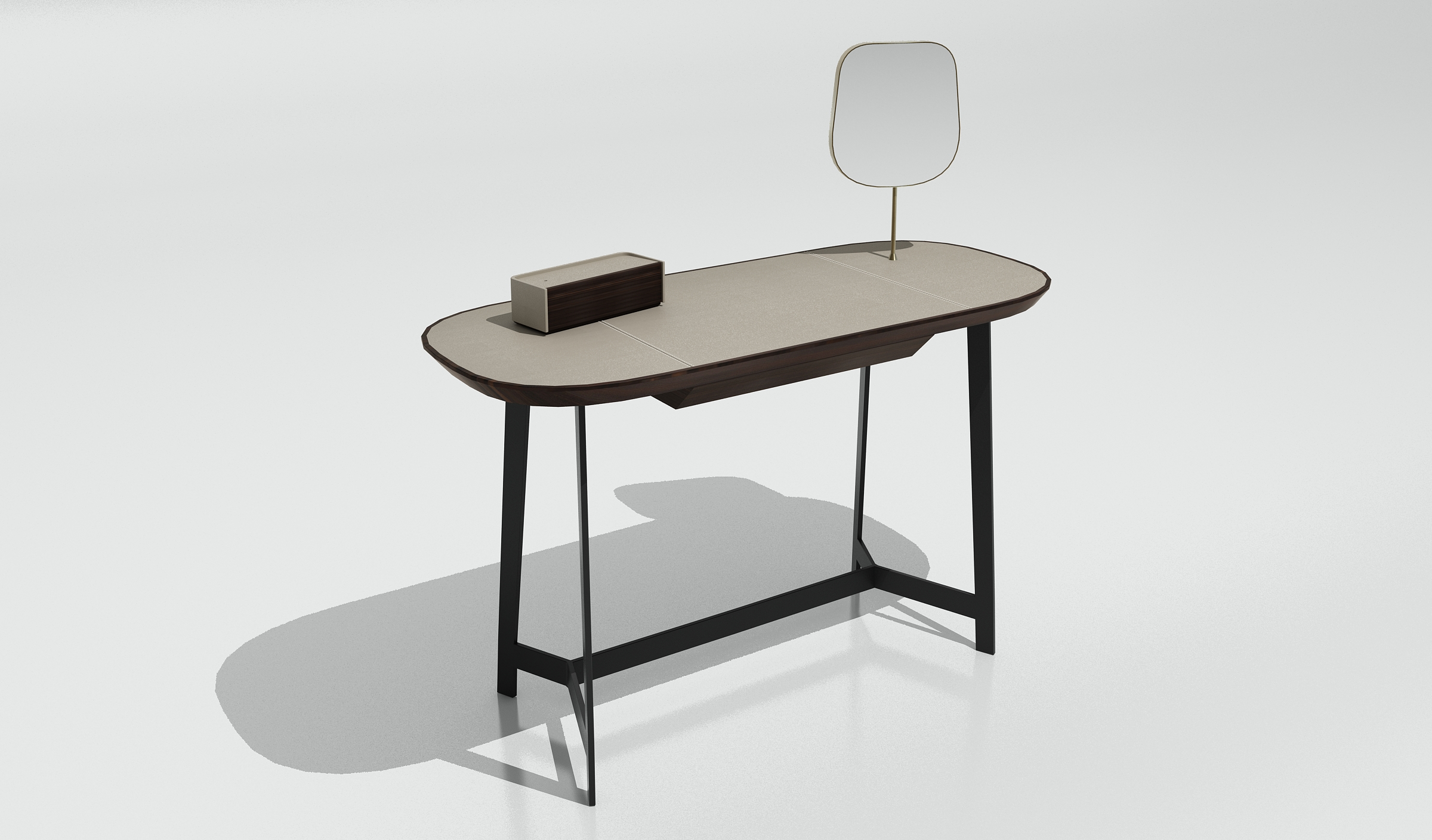 Walnut and Leather Top Vanity Desk with Asymmetrical Mirror