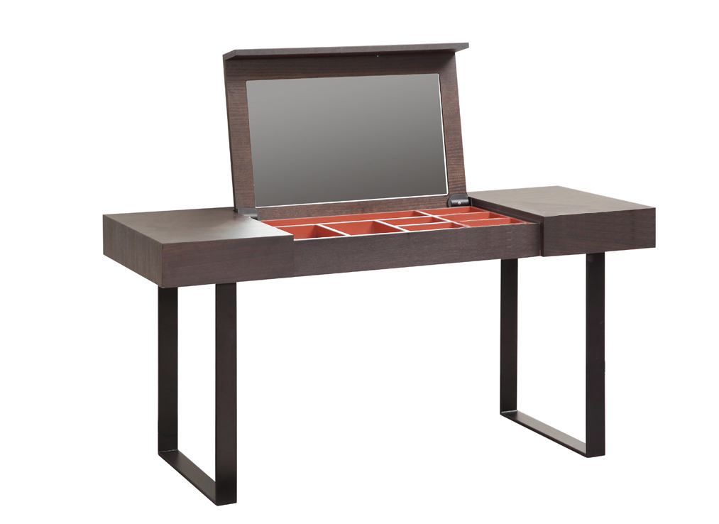 Dark Walnut Vanity Desk with Flip Top Mirror and Compartment Storage