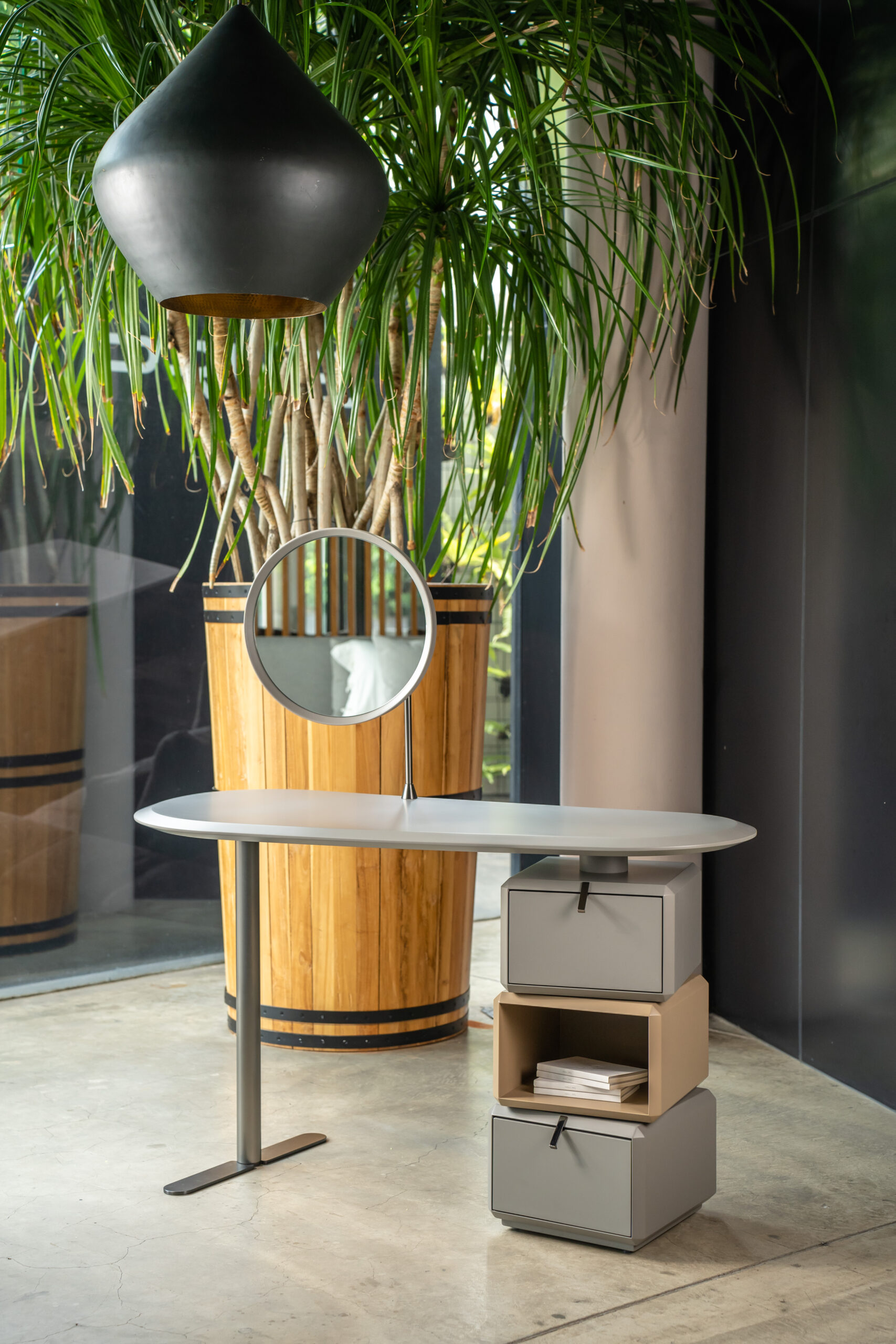 Modern Grey Vanity Desk with Round Mirror and Stacked Storage
