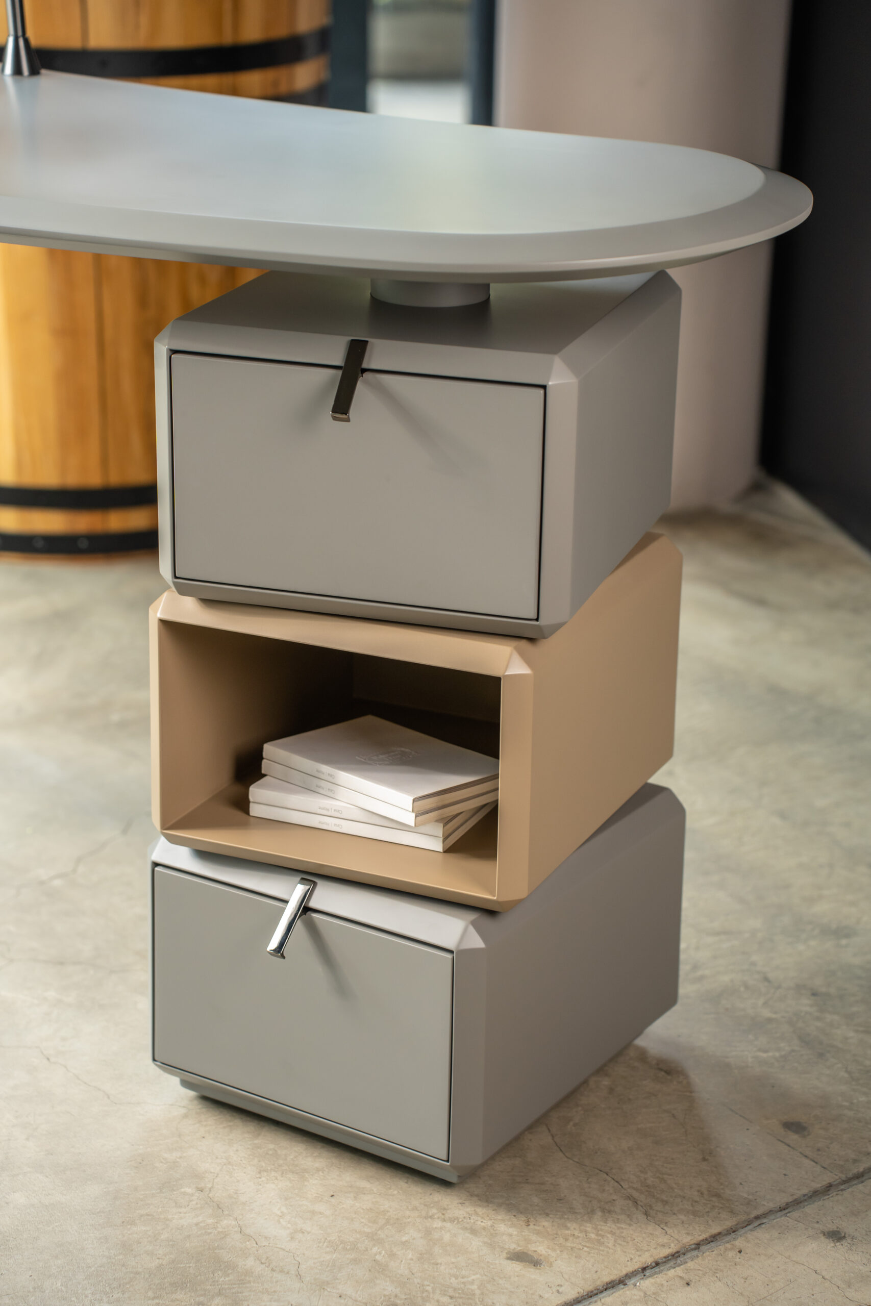 Modern Grey Vanity Desk with Round Mirror and Stacked Storage
