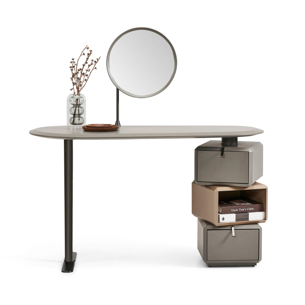 Modern Grey Vanity Desk with Round Mirror and Stacked Storage