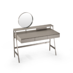 Taupe Minimalist Vanity Table with Round Mirror and Three Drawers