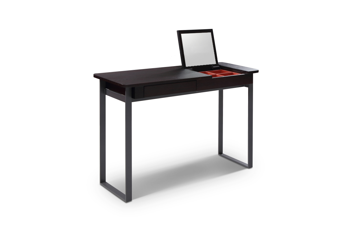 Dark Wood Vanity Desk with Lift-Up Mirror and Compartment Storage