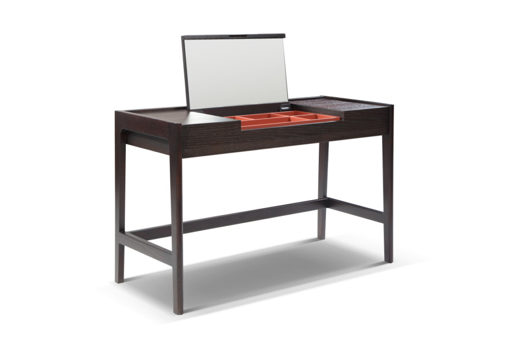 Dark Walnut Vanity Desk with Lift-Up Mirror and Divided Storage