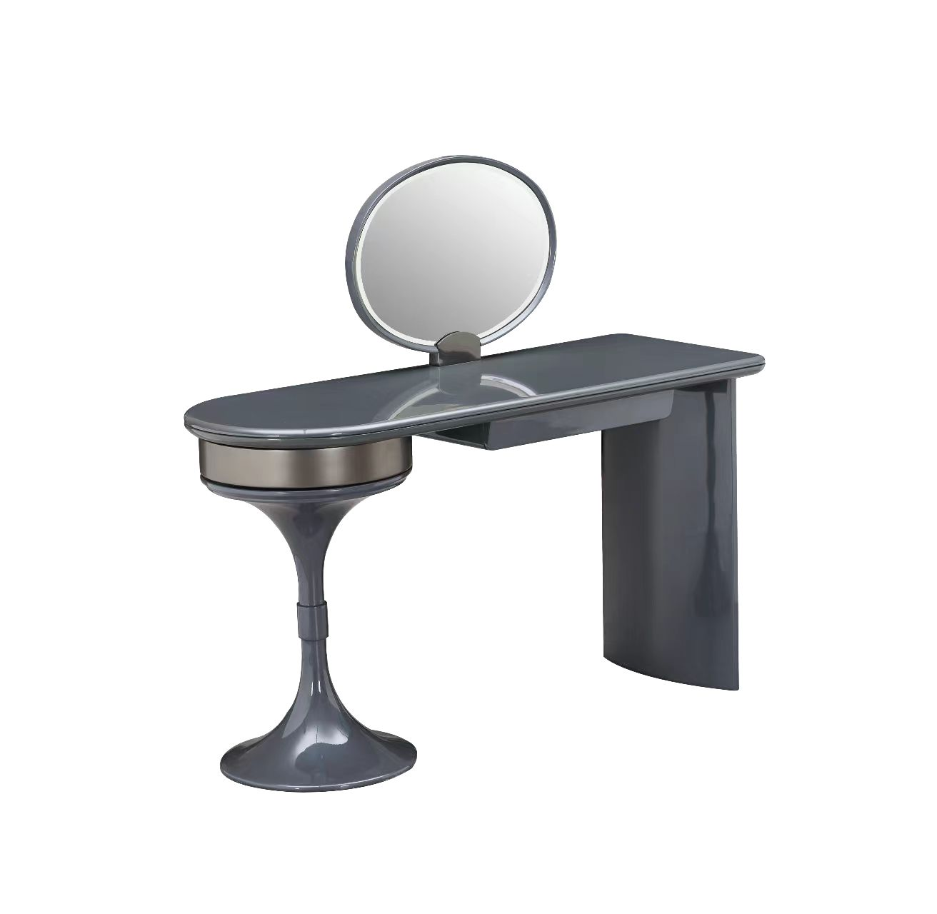 Glossy Grey Vanity Set with Round Mirror and Tulip Stool
