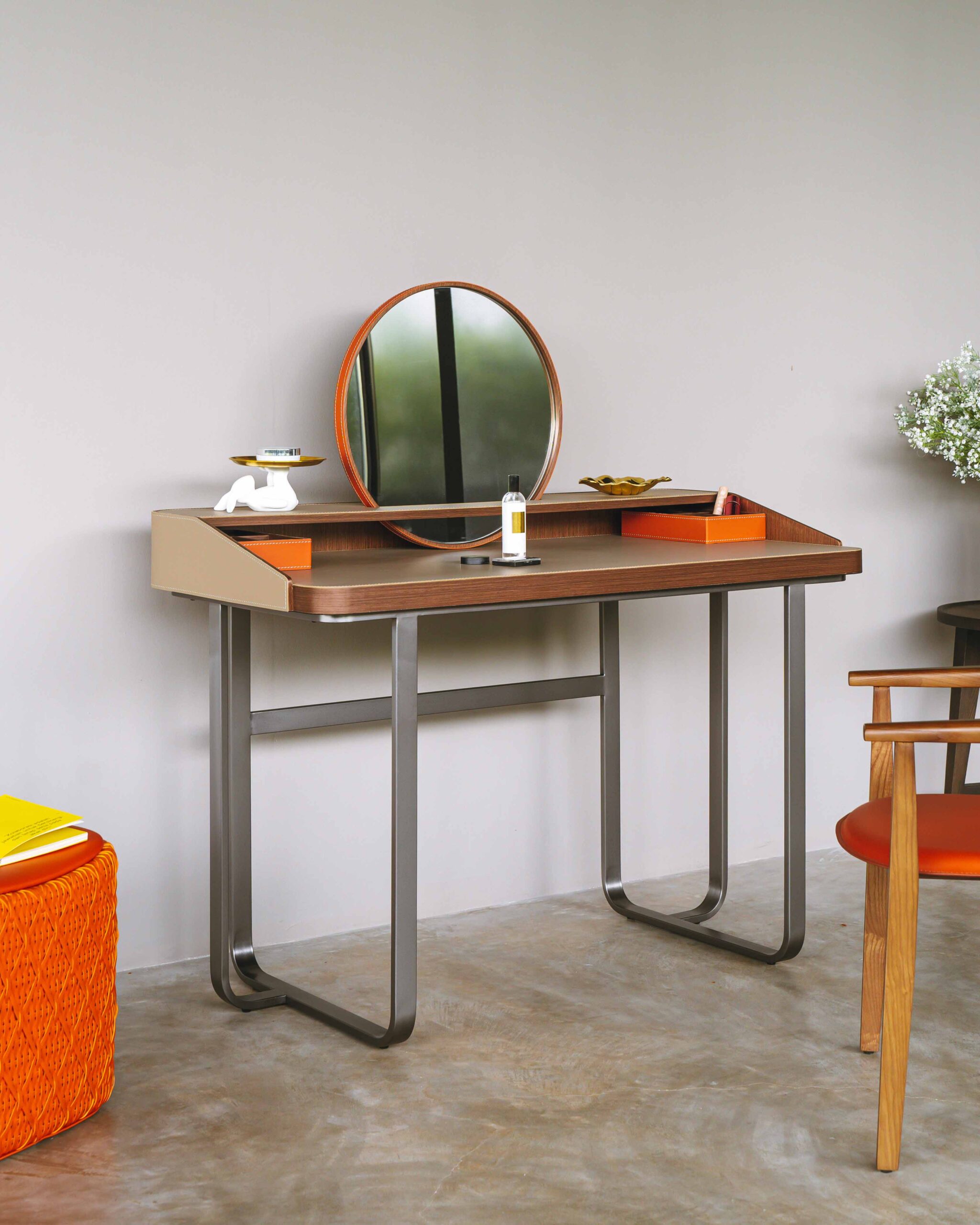 Walnut Vanity Desk with Rattan Round Mirror and Storage Tray
