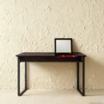 Dark Wood Vanity Desk with Lift-Up Mirror and Compartment Storage