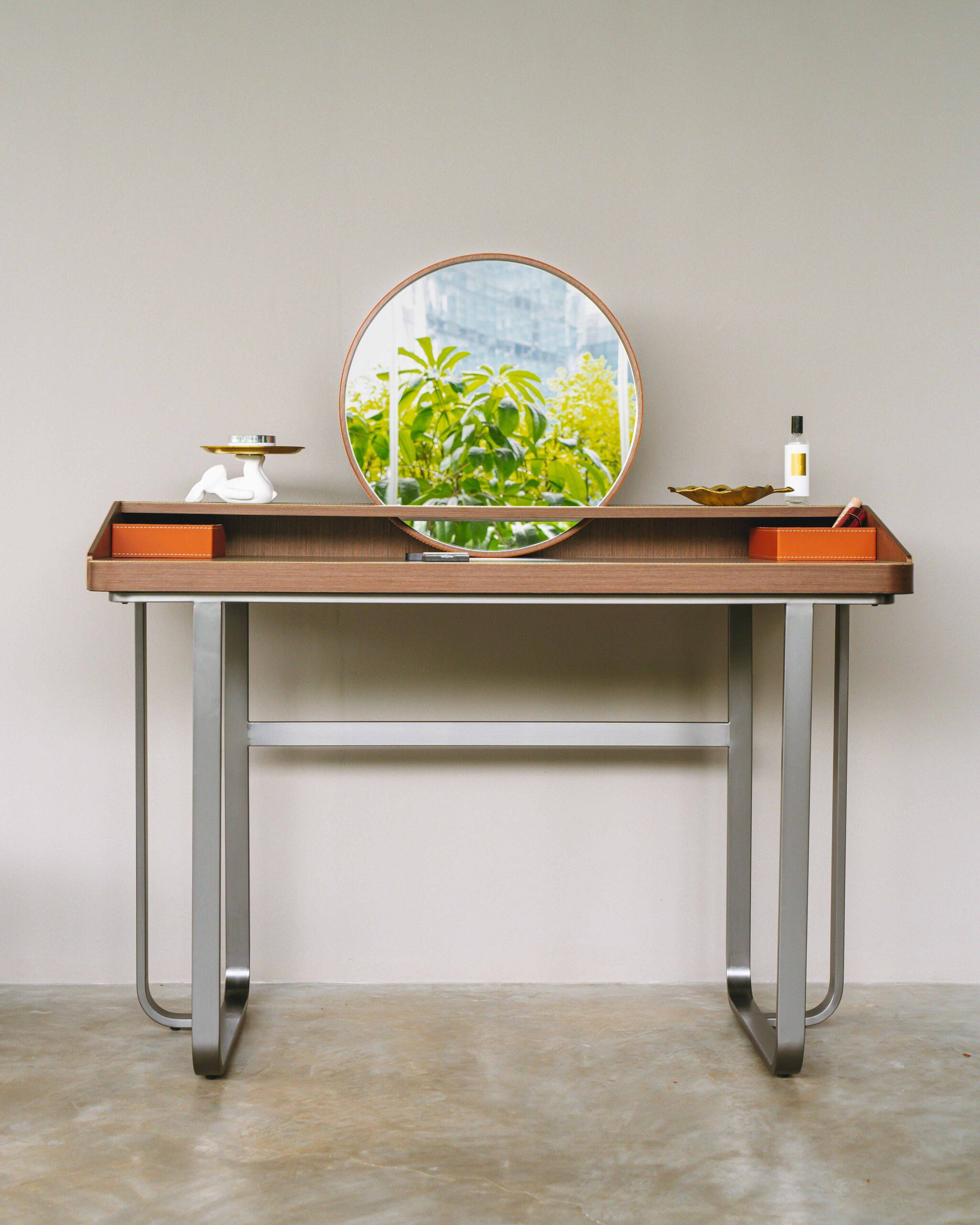Walnut Vanity Desk with Rattan Round Mirror and Storage Tray