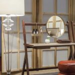 Walnut Wood Folding Vanity Desk with Round Gold Trim Mirror