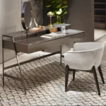 Taupe Minimalist Vanity Table with Round Mirror and Three Drawers