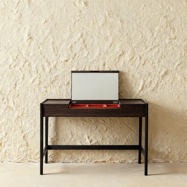 Dark Walnut Vanity Desk with Lift-Up Mirror and Divided Storage