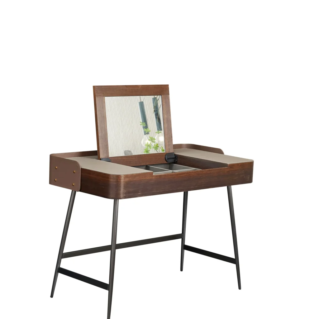 Walnut Wood Vanity Desk with Lift-Top Mirror and Leather Accents