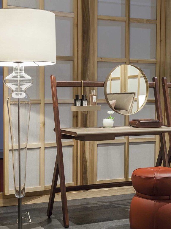 Walnut Wood Folding Vanity Desk with Round Gold Trim Mirror