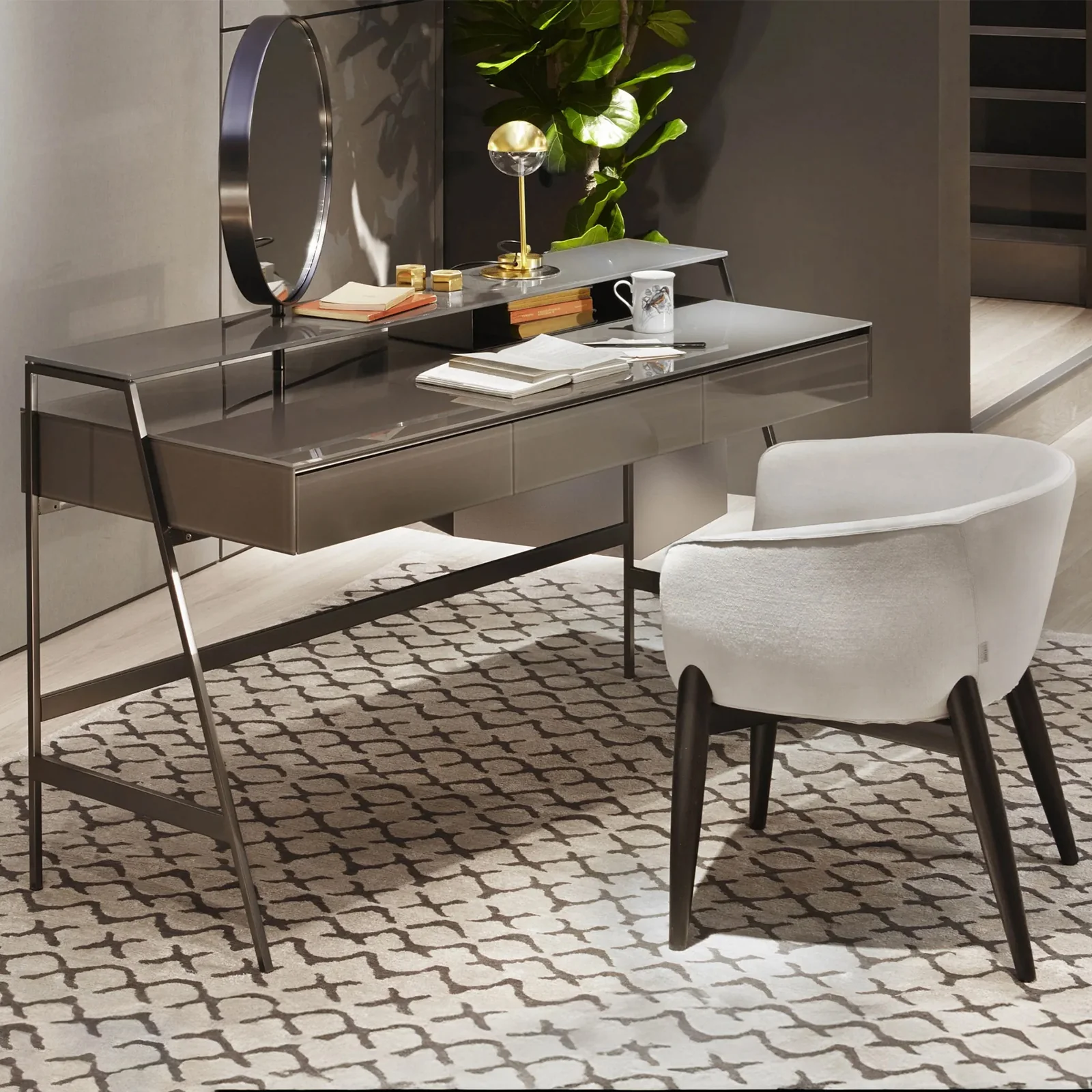 Taupe Minimalist Vanity Table with Round Mirror and Three Drawers