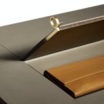 Walnut Wood Folding Vanity Desk with Round Gold Trim Mirror