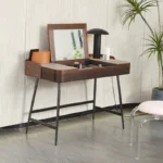 Walnut Wood Vanity Desk with Lift-Top Mirror and Leather Accents