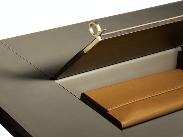 Walnut Wood Folding Vanity Desk with Round Gold Trim Mirror