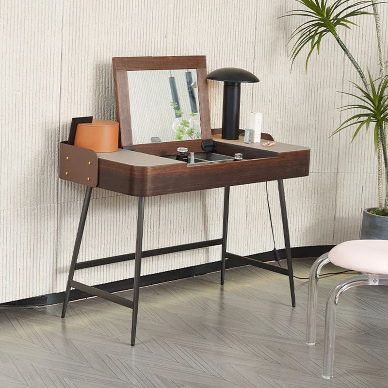 Walnut Wood Vanity Desk with Lift-Top Mirror and Leather Accents
