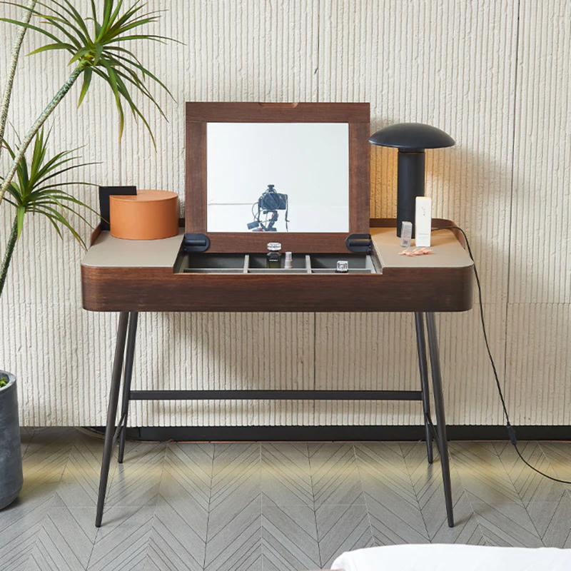 Walnut Wood Vanity Desk with Lift-Top Mirror and Leather Accents