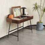 Walnut Wood Vanity Desk with Lift-Top Mirror and Leather Accents