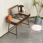 Walnut Wood Vanity Desk with Lift-Top Mirror and Leather Accents