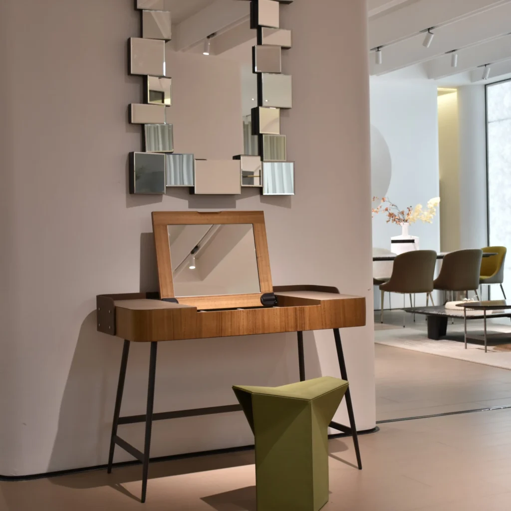 Walnut Wood Vanity Desk with Lift-Top Mirror and Leather Accents