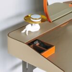 Walnut Vanity Desk with Rattan Round Mirror and Storage Tray