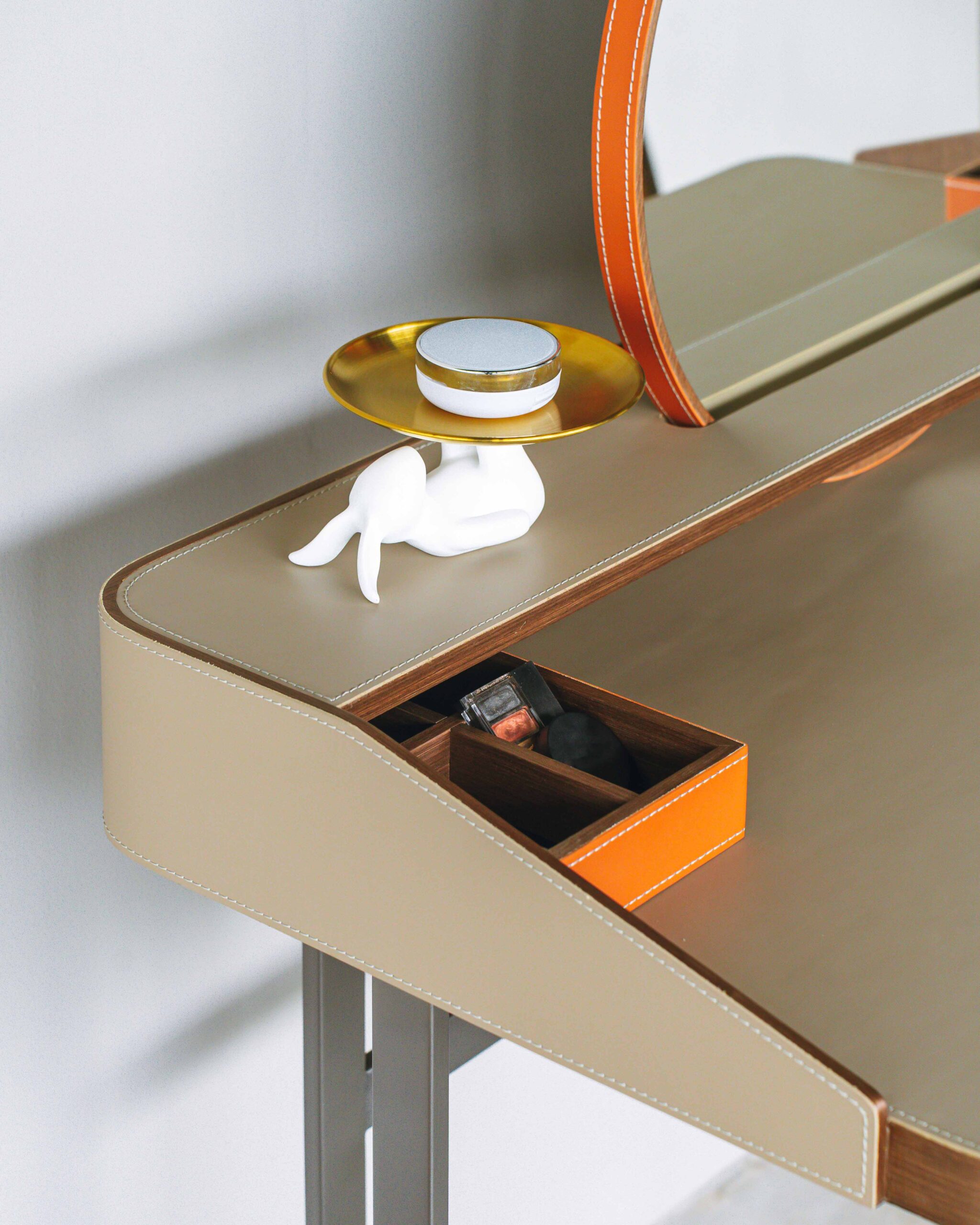 Walnut Vanity Desk with Rattan Round Mirror and Storage Tray