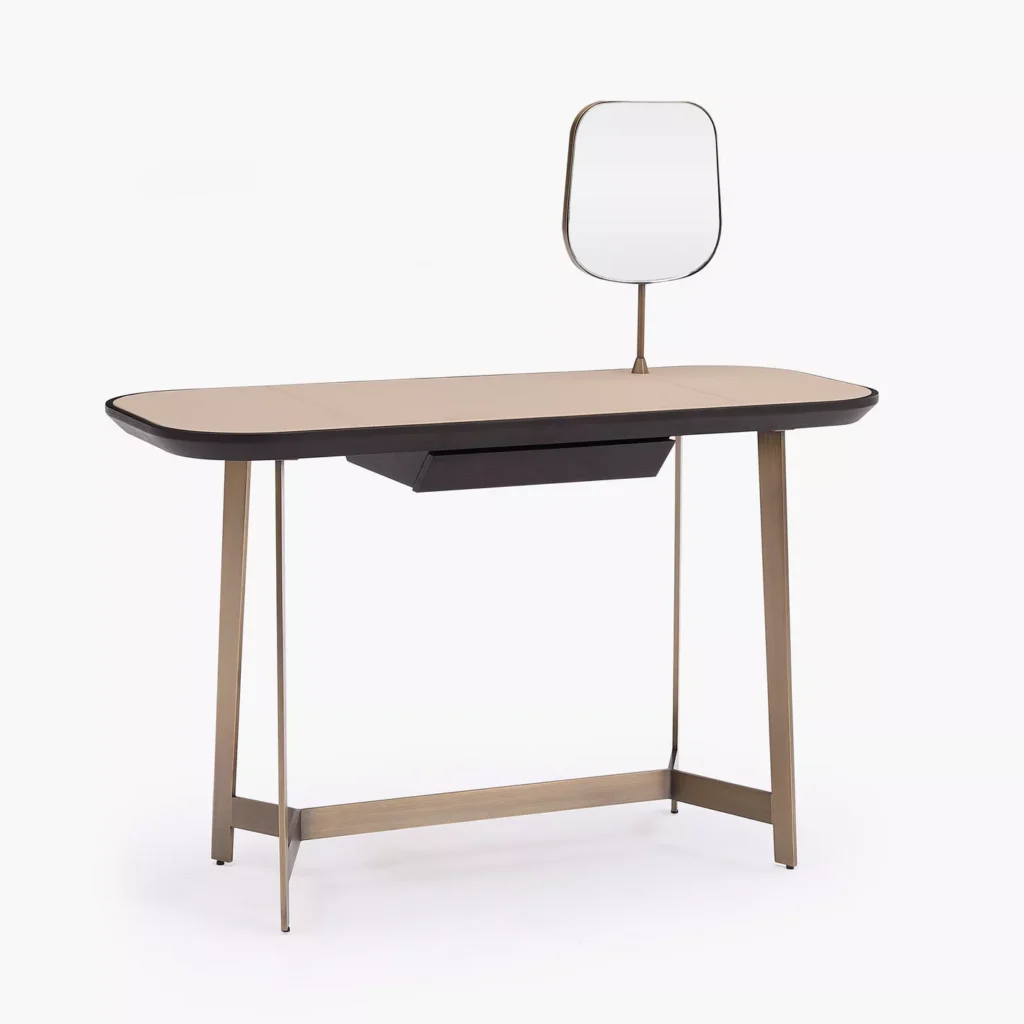 Dark Wood and Brass Vanity Desk with Asymmetrical Mirror