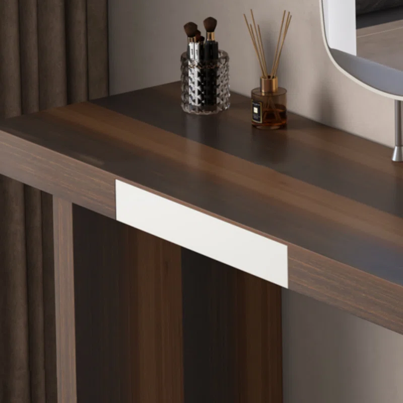 Walnut and Grey Vanity Desk with Mirror and Three Drawer Storage