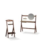 Walnut Wood Folding Vanity Desk with Round Gold Trim Mirror