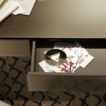 Taupe Minimalist Vanity Table with Round Mirror and Three Drawers