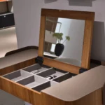 Walnut Wood Vanity Desk with Lift-Top Mirror and Leather Accents