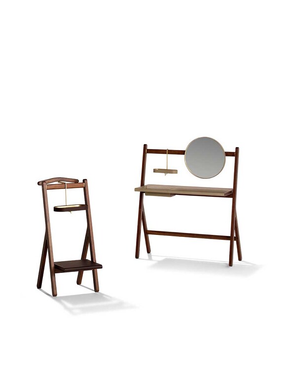 Walnut Wood Folding Vanity Desk with Round Gold Trim Mirror