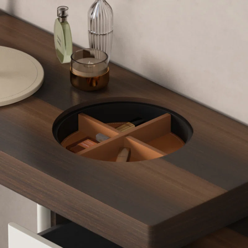 Walnut and Grey Vanity Desk with Mirror and Three Drawer Storage