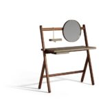 Walnut Wood Folding Vanity Desk with Round Gold Trim Mirror