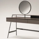 Taupe Minimalist Vanity Table with Round Mirror and Three Drawers