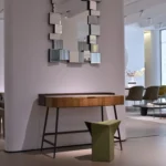 Walnut Wood Vanity Desk with Lift-Top Mirror and Leather Accents