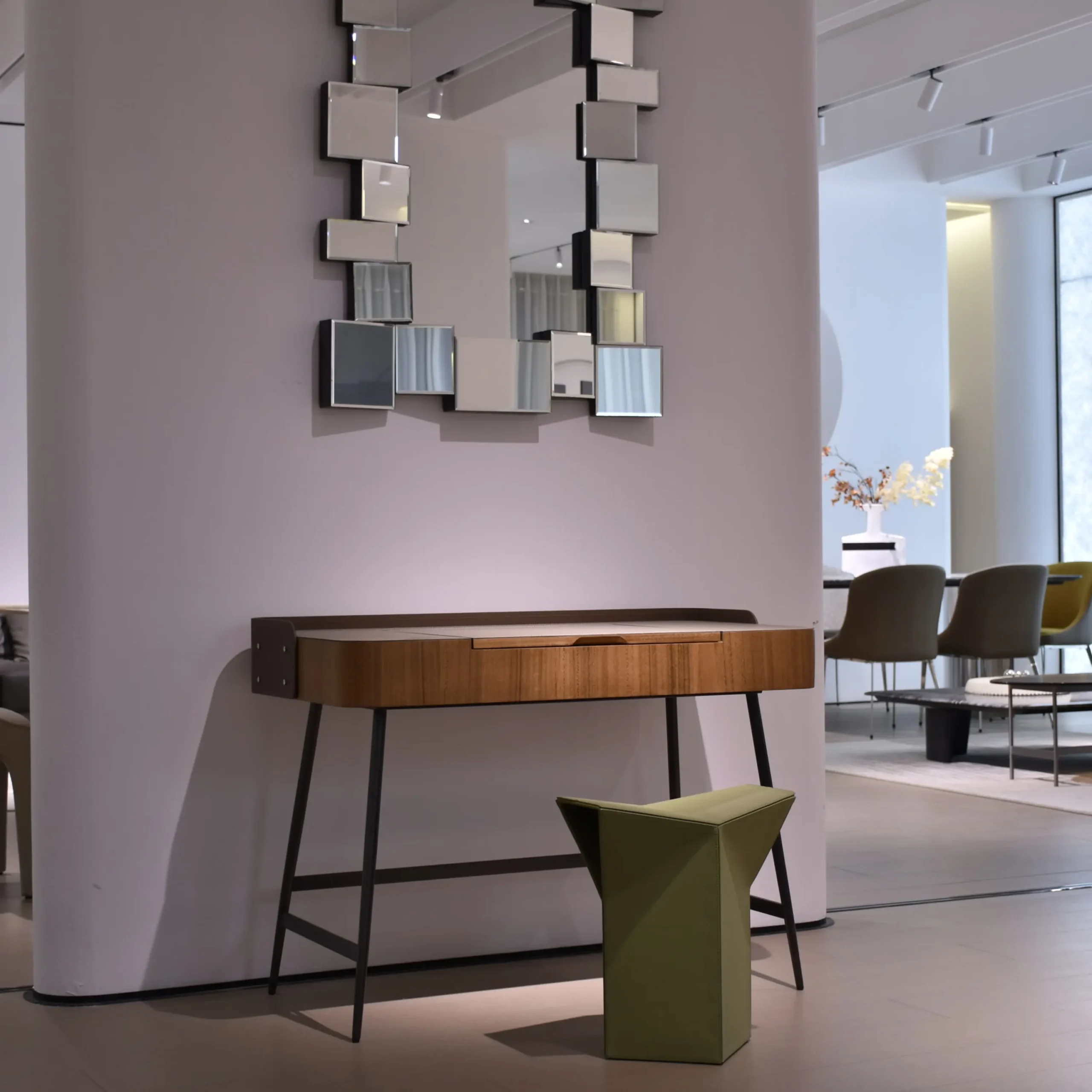 Walnut Wood Vanity Desk with Lift-Top Mirror and Leather Accents