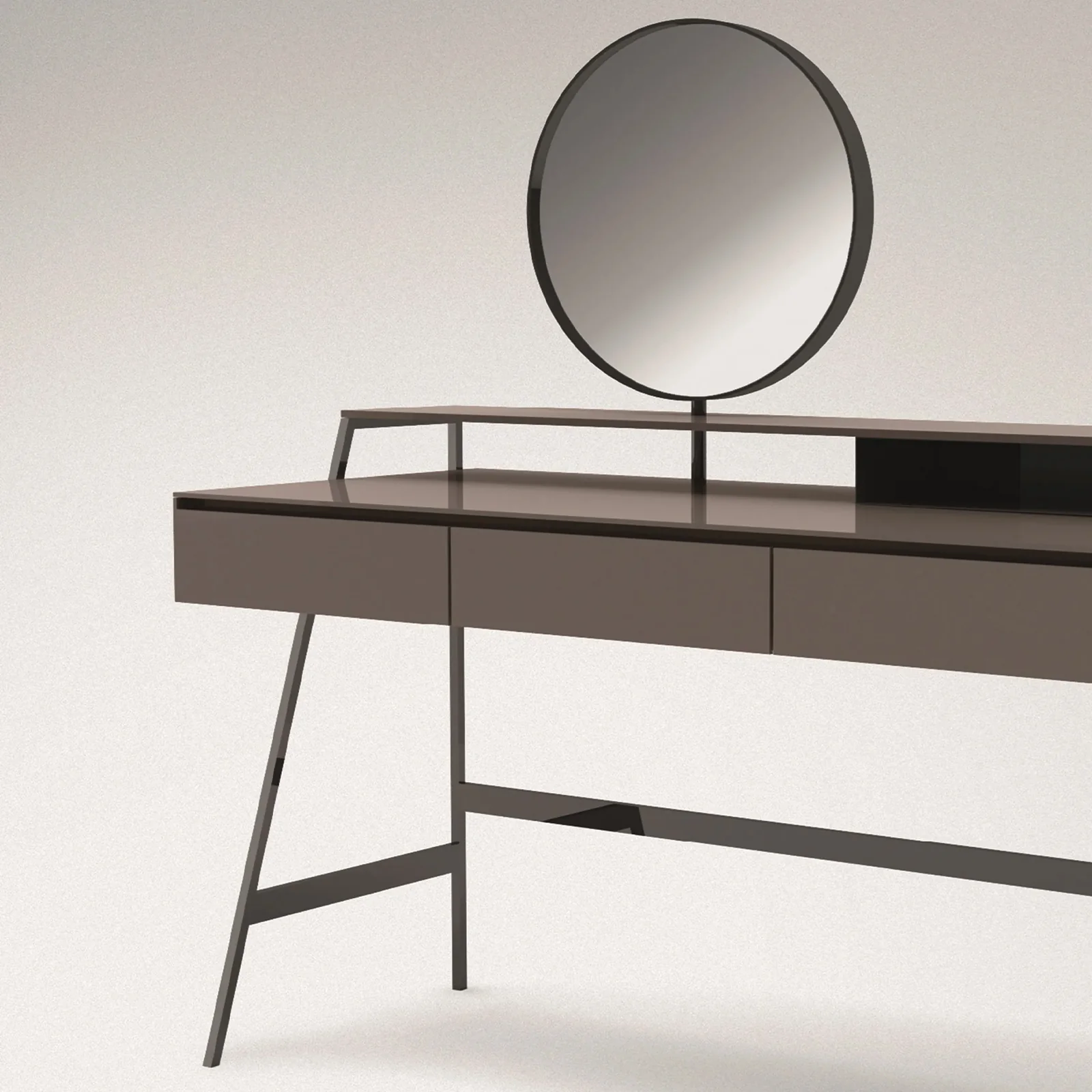 Taupe Minimalist Vanity Table with Round Mirror and Three Drawers