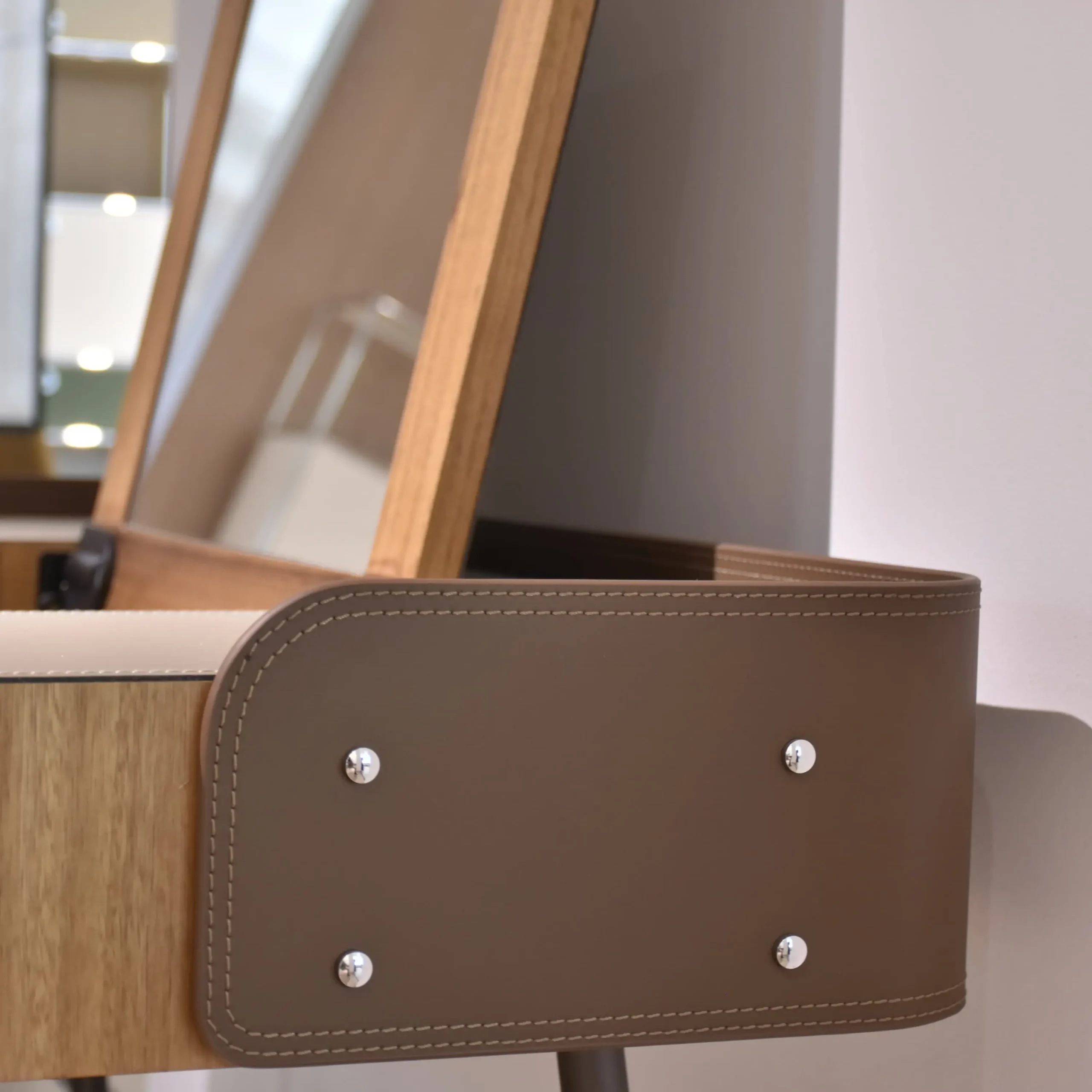 Walnut Wood Vanity Desk with Lift-Top Mirror and Leather Accents